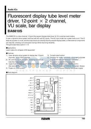 BA6810S datasheet - Fluorescent display tube level meter driver, 12-point x 2 channel, VU scale, bar display