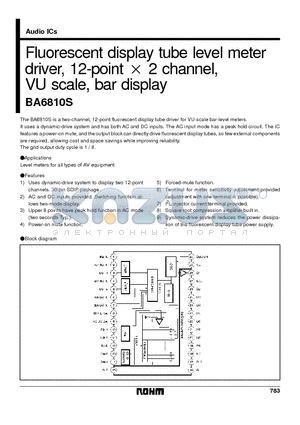 BA6810 datasheet - Fluorescent display tube level meter driver, 12-point x 2 channel, VU scale, bar display