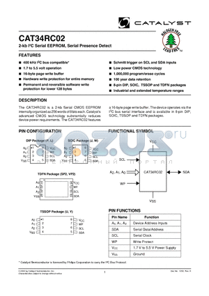 CAT34RC02VP2ETE13REV-E datasheet - 2-kb I2C Serial EEPROM, Serial Presence Detect