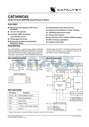 CAT34WC02J-1.8TE13 datasheet - 2K-Bit I2C Serial EEPROM, Serial Presence Detect