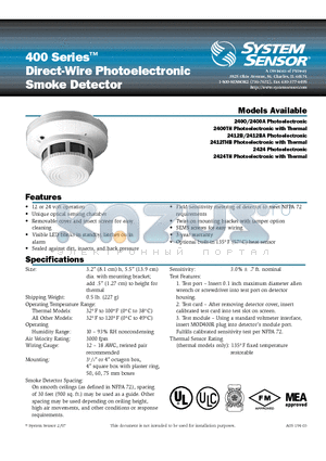 400SERIES datasheet - Direct-Wire Photoelectronic Smoke Detector