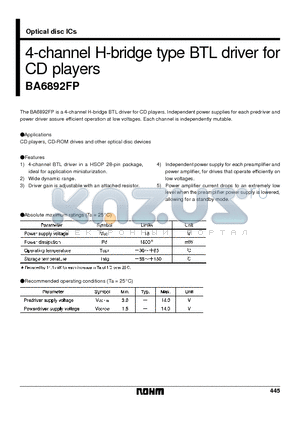 BA6892 datasheet - 4-channel H-bridge type BTL driver for CD players