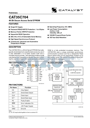 CAT35C704PTE13 datasheet - 4K-Bit Secure Access Serial E2PROM