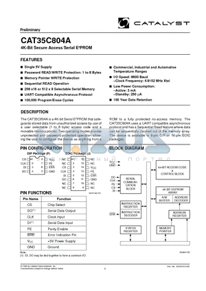 CAT35C804APITE13 datasheet - 4K-Bit Secure Access Serial E2PROM