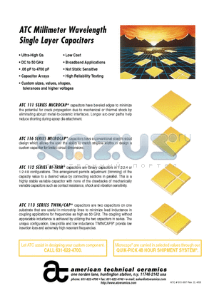ATC111 datasheet - ATC Millimeter Wavelength Single Layer Capacitors