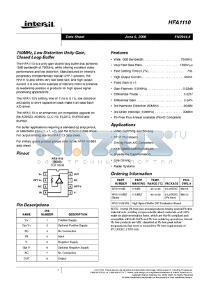 1110IB datasheet - 750MHz, Low Distortion Unity Gain, Closed Loop Buffer