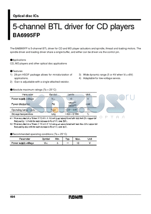 BA6995FP datasheet - 5-channel BTL driver for CD players