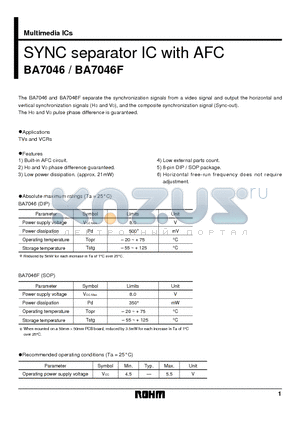 BA7046 datasheet - SYNC separator IC with AFC