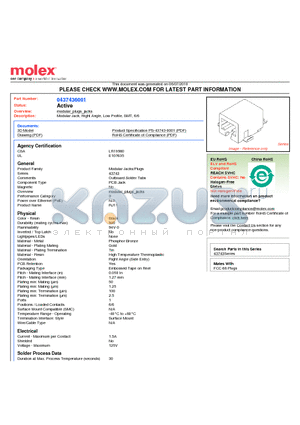 0437436001 datasheet - Modular Jack, Right Angle, Low Profile, SMT, 6/6