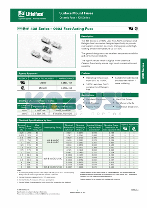 0438003.WR datasheet - Surface Mount Fuses Ceramic Fuse > 438 Series