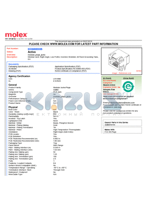 0438600006 datasheet - Modular Jack, Right Angle, Low Profile, Inverted, Shielded, All Panel Grounding Tabs, 6/4