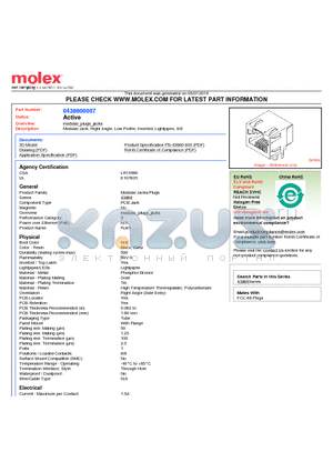 0438600007 datasheet - Modular Jack, Right Angle, Low Profile, Inverted, Lightpipes, 8/8