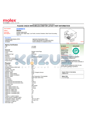 0438600015 datasheet - Modular Jack, Right Angle, Low Profile, Inverted, Shielded, Offset Panel Grounding Tabs, 6/4