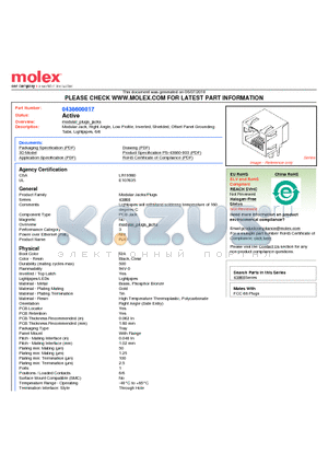 0438600017 datasheet - Modular Jack, Right Angle, Low Profile, Inverted, Shielded, Offset Panel Grounding Tabs, Lightpipes, 6/6