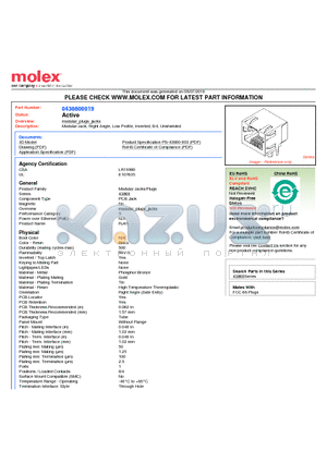 0438600019 datasheet - Modular Jack, Right Angle, Low Profile, Inverted, 8/4, Unshielded