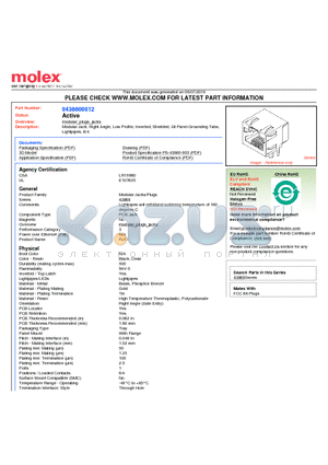 0438600012 datasheet - Modular Jack, Right Angle, Low Profile, Inverted, Shielded, All Panel Grounding Tabs, Lightpipes, 6/4