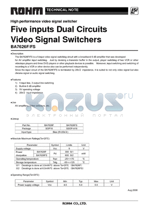 BA7626F datasheet - Five inputs Dual Circuits Video Signal Switchers