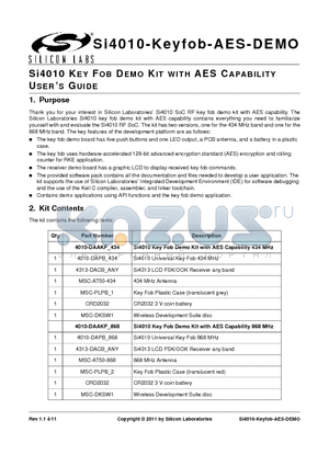 4010-DAPB-434 datasheet - Si4010 KEY FOB DEMO KIT WITH AES CAPABILITY