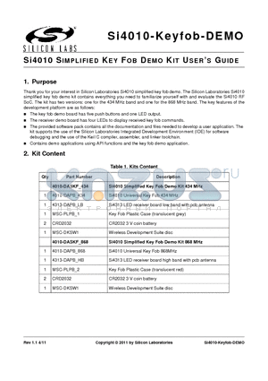 4010-DASKF-868 datasheet - Si4010 SIMPLIFIED KEY FOB DEMO KIT USERS GUIDE