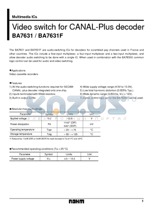 BA7631F datasheet - Video switch for CANAL-Plus decoder