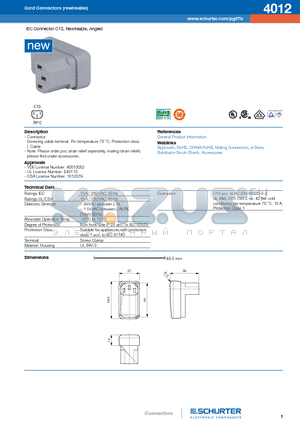 4012 datasheet - IEC Connector C13, Rewireable, Angled