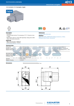 4013 datasheet - IEC Connector C13, Rewireable, Angled