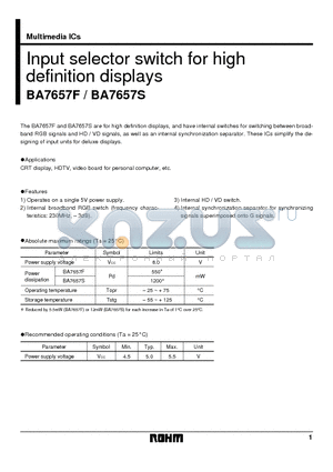 BA7657F datasheet - Input selector switch for high definition displays