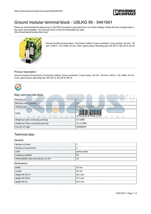 0441041 datasheet - Ground modular terminal block, Connection method: Screw connection, Cross section