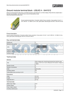 0441012 datasheet - Ground modular terminal block, Connection method: Screw connection, Cross section