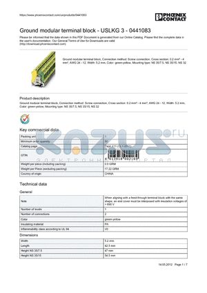 0441083 datasheet - Ground modular terminal block, Connection method: Screw connection, Cross section