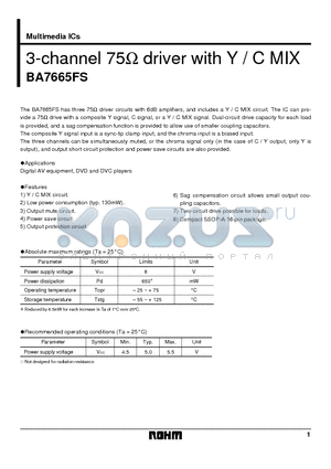BA7665FS datasheet - 3-channel 75 driver with Y / C MIX