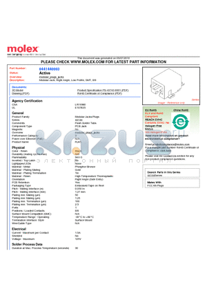 0441440003 datasheet - Modular Jack, Right Angle, Low Profile, SMT, 8/8