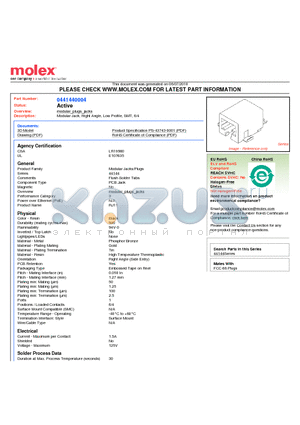 0441440004 datasheet - Modular Jack, Right Angle, Low Profile, SMT, 6/4