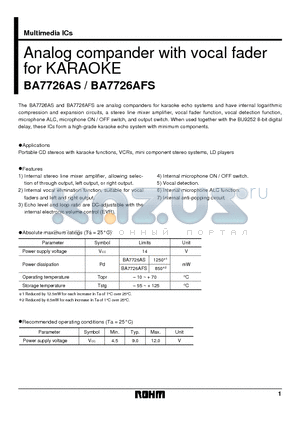 BA7726AFS datasheet - Analog compander with vocal fader for KARAOKE