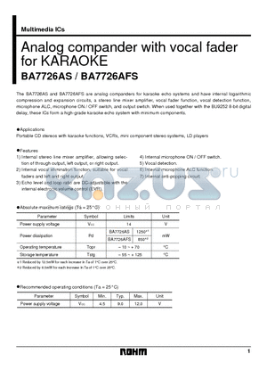 BA7726AS datasheet - Analog compander with vocal fader for KARAOKE