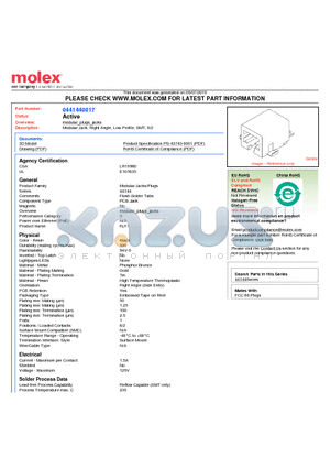 0441440017 datasheet - Modular Jack, Right Angle, Low Profile, SMT, 6/2