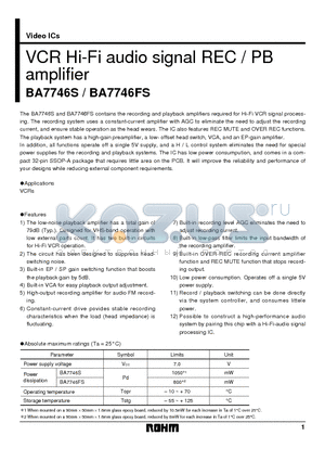 BA7746FS datasheet - VCR Hi-Fi audio signal REC / PB amplifier