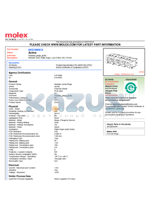 0441500013 datasheet - Modular Jack, Right Angle, Low Profile, 8/8, 6 Ports