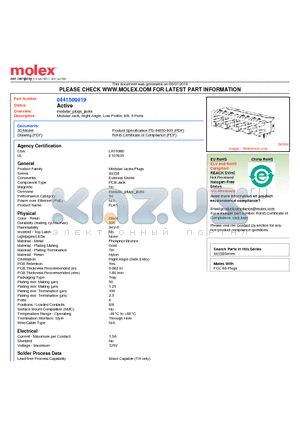 0441500019 datasheet - Modular Jack, Right Angle, Low Profile, 8/8, 6 Ports