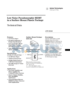 ATF-33143-BLK datasheet - Low Noise Pseudomorphic HEMT in a Surface Mount Plastic Package