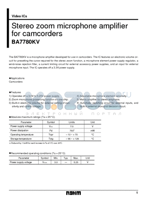 BA7780KV datasheet - Stereo zoom microphone amplifier for camcorders