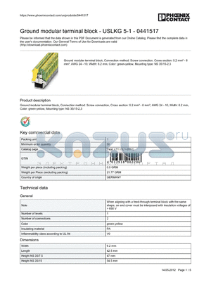 0441517 datasheet - Ground modular terminal block, Connection method: Screw connection, Cross section