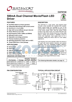 CAT4134 datasheet - 500mA Dual Channel Movie/Flash LED Driver