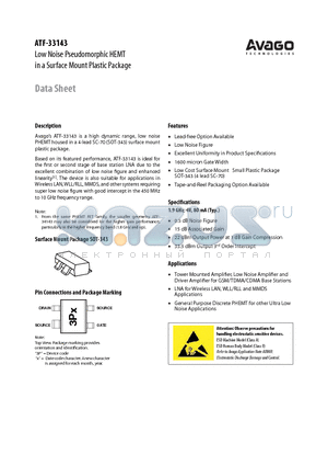 ATF-33143-TR1G datasheet - Low Noise Pseudomorphic HEMT in a Surface Mount Plastic Package