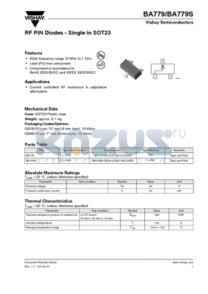 BA779 datasheet - RF PIN Diodes - Single in SOT23