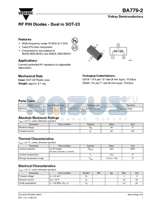 BA779-2 datasheet - RF PIN Diodes - Dual in SOT-23