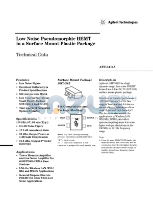 ATF-34143-BLK datasheet - Low Noise Pseudomorphic HEMT in a Surface Mount Plastic Package