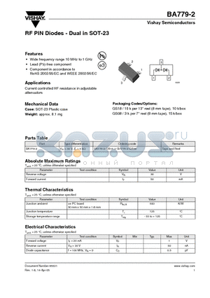 BA779-2-GS18 datasheet - RF PIN Diodes - Dual in SOT-23