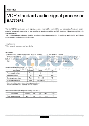 BA7796FS datasheet - VCR standard audio signal processor