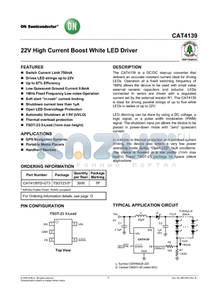 CAT4139TD-GT3 datasheet - 22V High Current Boost White LED Driver